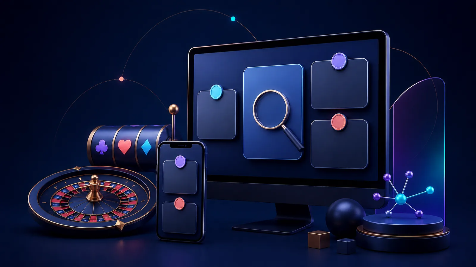 Ilustração de um guia de cassino online em computador e celular